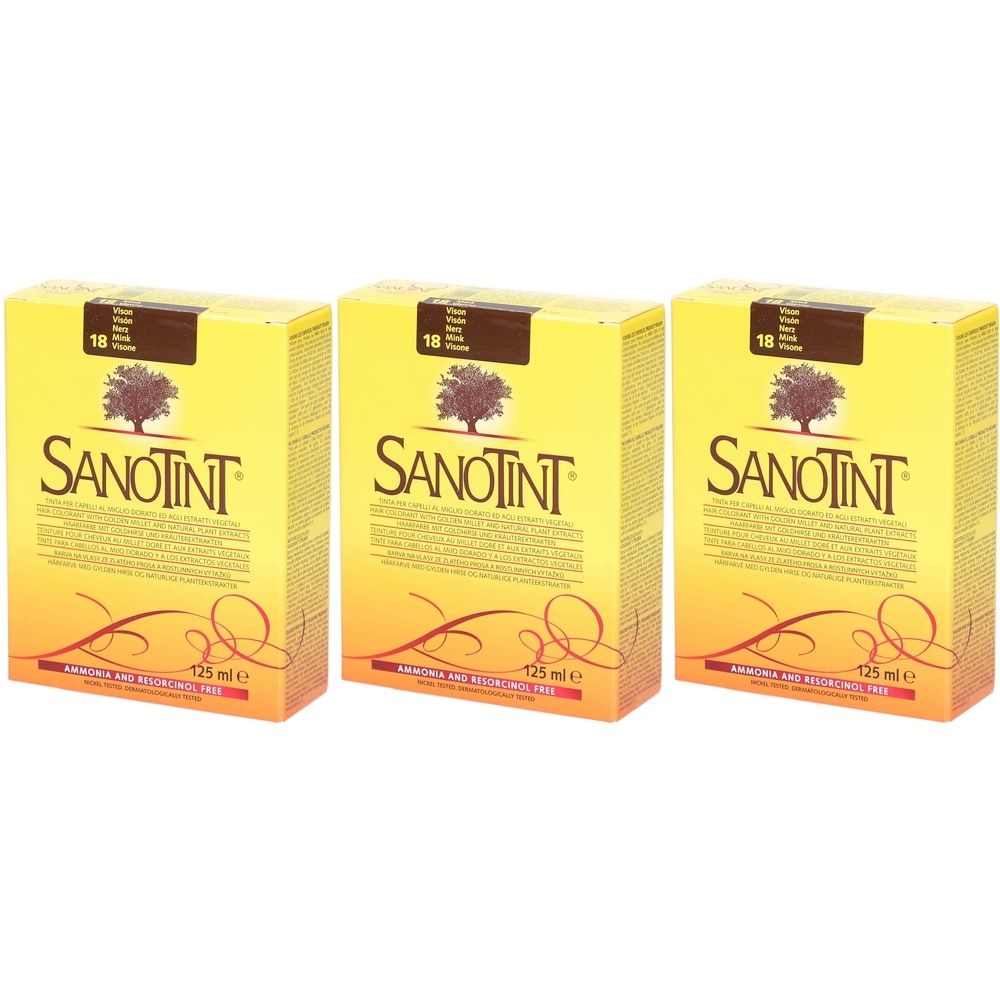 Trois boîtes de teinture capillaire Sanotint. Emballage jaune avec logo, texte et informations produit. 125 ml.