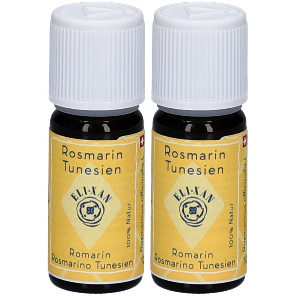 Zwei kleine Glasflaschen mit weißem Deckel. Auf gelbem Etikett: Rosmarin Tunesien, ELIXAN, 100% Natur. Schweizer Kreuz.