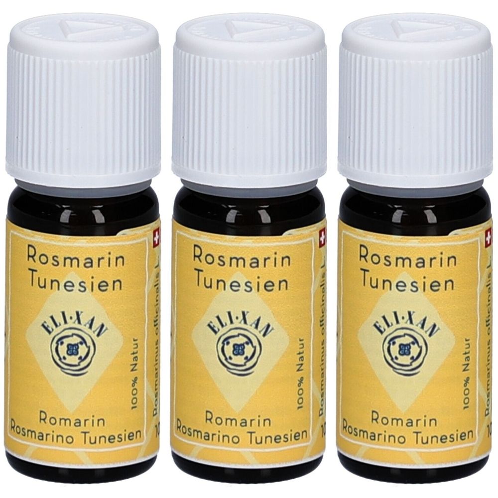 Drei Fläschchen mit weißem Deckel und gelbem Etikett. Aufschrift: Rosmarin Tunesien, ELIXAN, 100% Natur. Schweizer Kreuz.