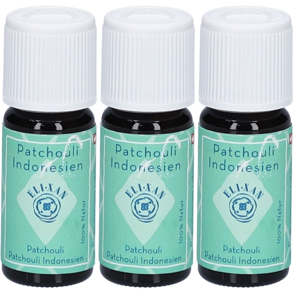 Trois flacons avec bouchons blancs. Inscription: ELIXAN Patchouli Indonesien. Étiquette turquoise avec logo et texte.