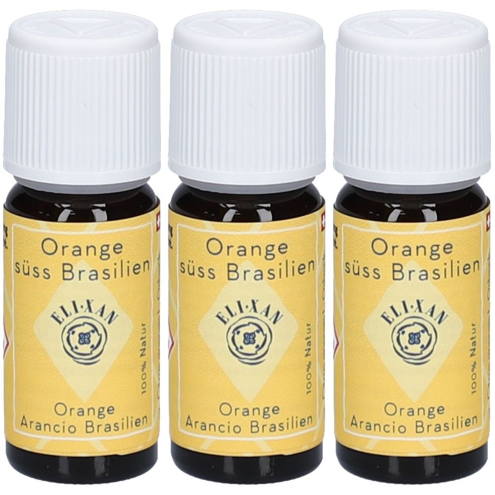 Drei Fläschchen mit weißem Deckel und gelbem Etikett. Aufschrift: Orange süß Brasilien, ELIXAN, 100% Natur. Braune Flüssigkeit.