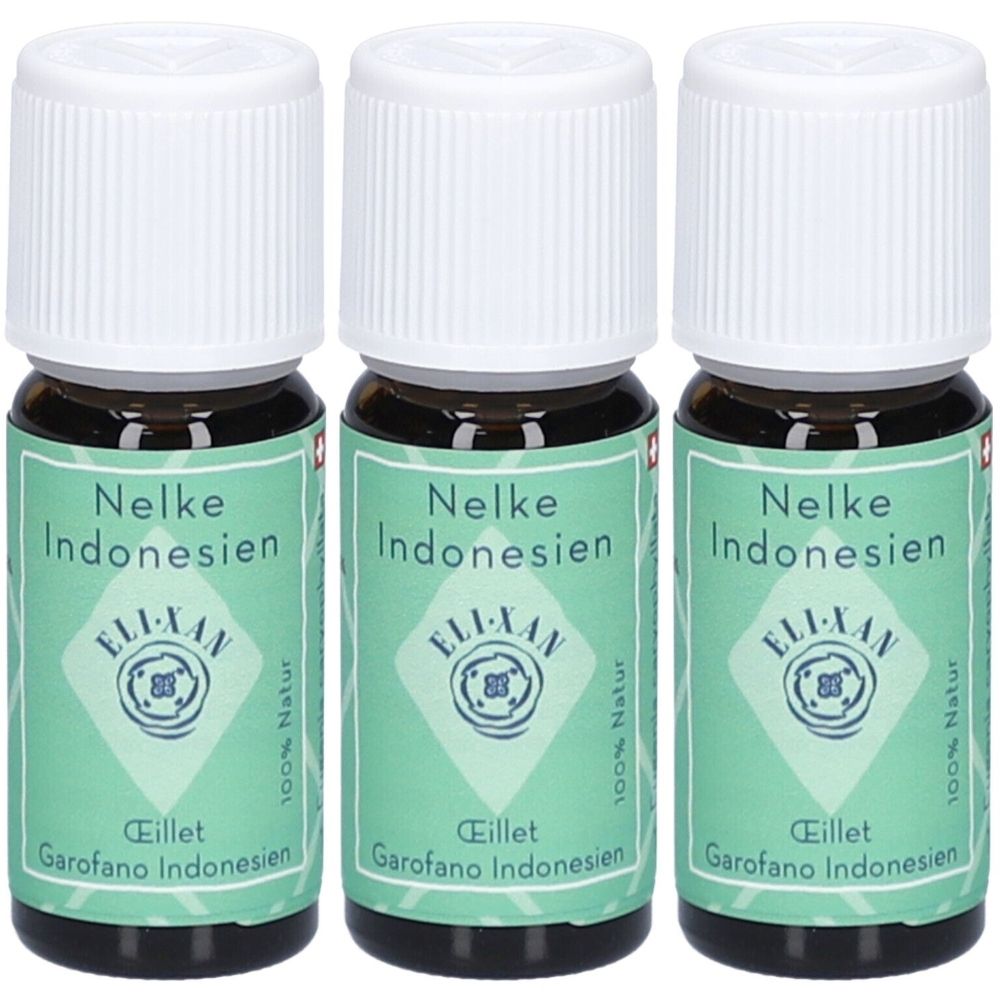 Trois petites bouteilles en verre brun avec des bouchons blancs. Les étiquettes indiquent "Nelke Indonesien" et "ELI-XAN".