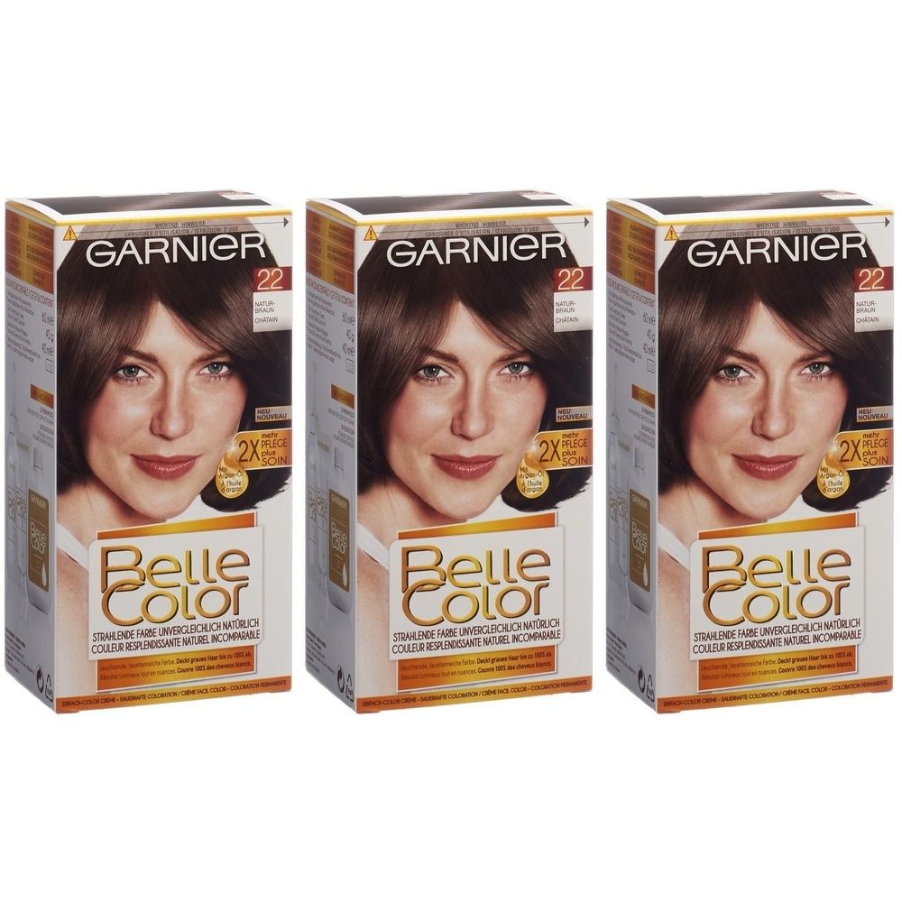 Trois boîtes de Garnier Belle Color Color-Gel Nr. 22 Naturbraun. Chaque boîte présente une femme aux cheveux bruns.