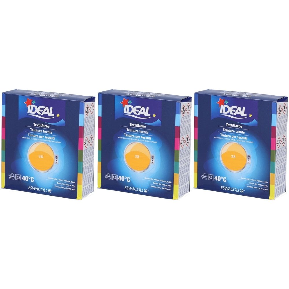 Drei Kartons IDEAL Textilfarbe. Blaue Verpackung mit gelbem Farbkreis. Aufschrift: Textilfarbe, 40°C.