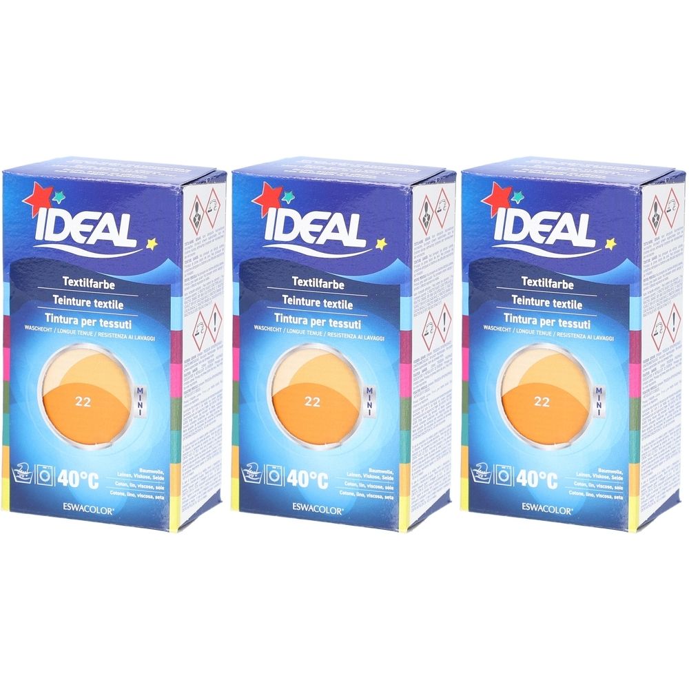 Drei Kartons Textilfarbe. Blaue Verpackung mit Logo IDEAL, Text und Farbkreis. Aufdruck 22 und 40°C.