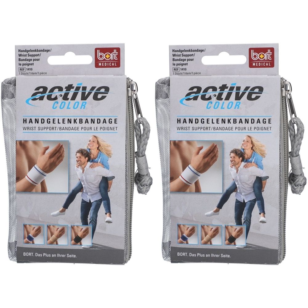 Zwei Handgelenkbandagen in grauer Verpackung. Aufdruck: active COLOR, HANDGELENKBANDAGE, BORT MEDICAL. Abbildung: Person mit Bandage.