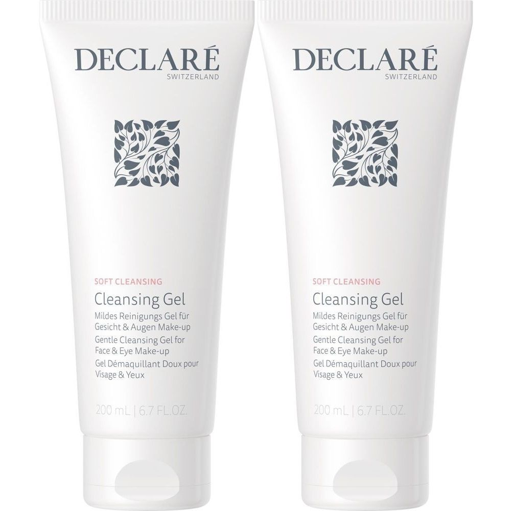 Zwei weiße Tuben mit DECLARÉ-Logo und floralem Muster. Aufschrift: Cleansing Gel. Text in Deutsch, Englisch und Französisch. 200 ml.