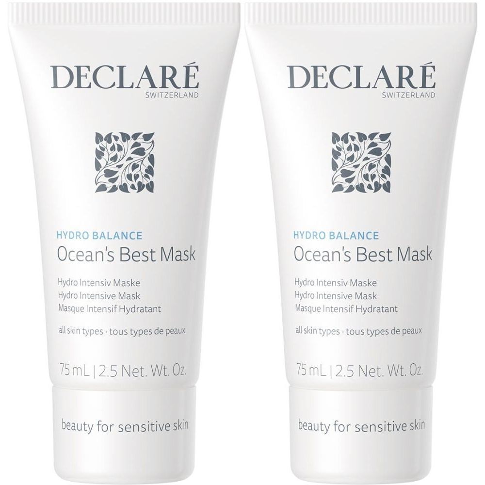 Deux tubes blancs de "Ocean's Best Mask". Inscription : DECLARÉ SWITZERLAND, Hydro Balance, 75 ml, pour peaux sensibles.