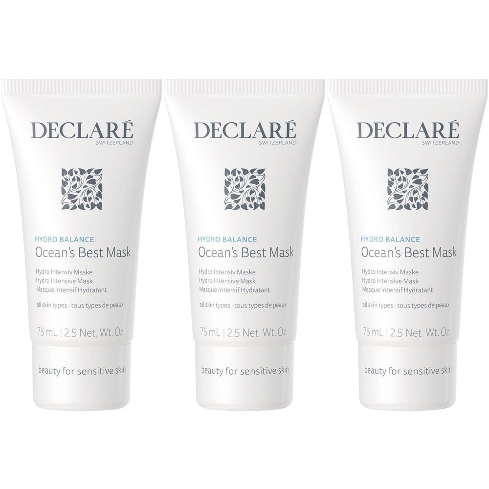 Trois tubes de Declare Ocean's Best Mask. Tubes blancs avec texte et logo bleus. Texte: Hydro Balance, Masque, 75ml.