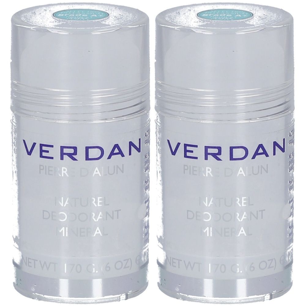 Deux sticks déodorants cylindriques. Inscription: VERDAN, PIERRE D'ALUN, NATUREL, DÉODORANT MINÉRAL. Poids net: 170 g (6 OZ).