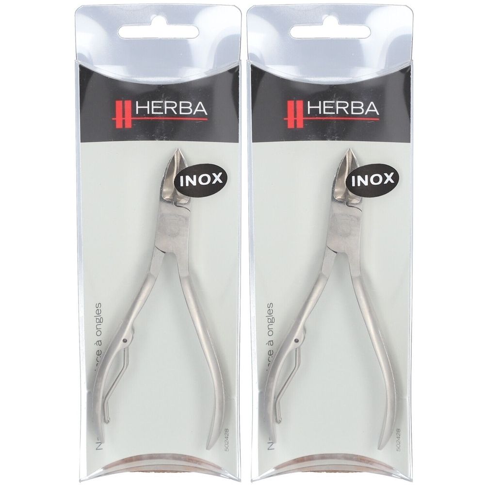 Zwei Nagelzangen in Verpackung. Marke HERBA, INOX-Label. Silberfarbenes Metall, gebogene Griffe.