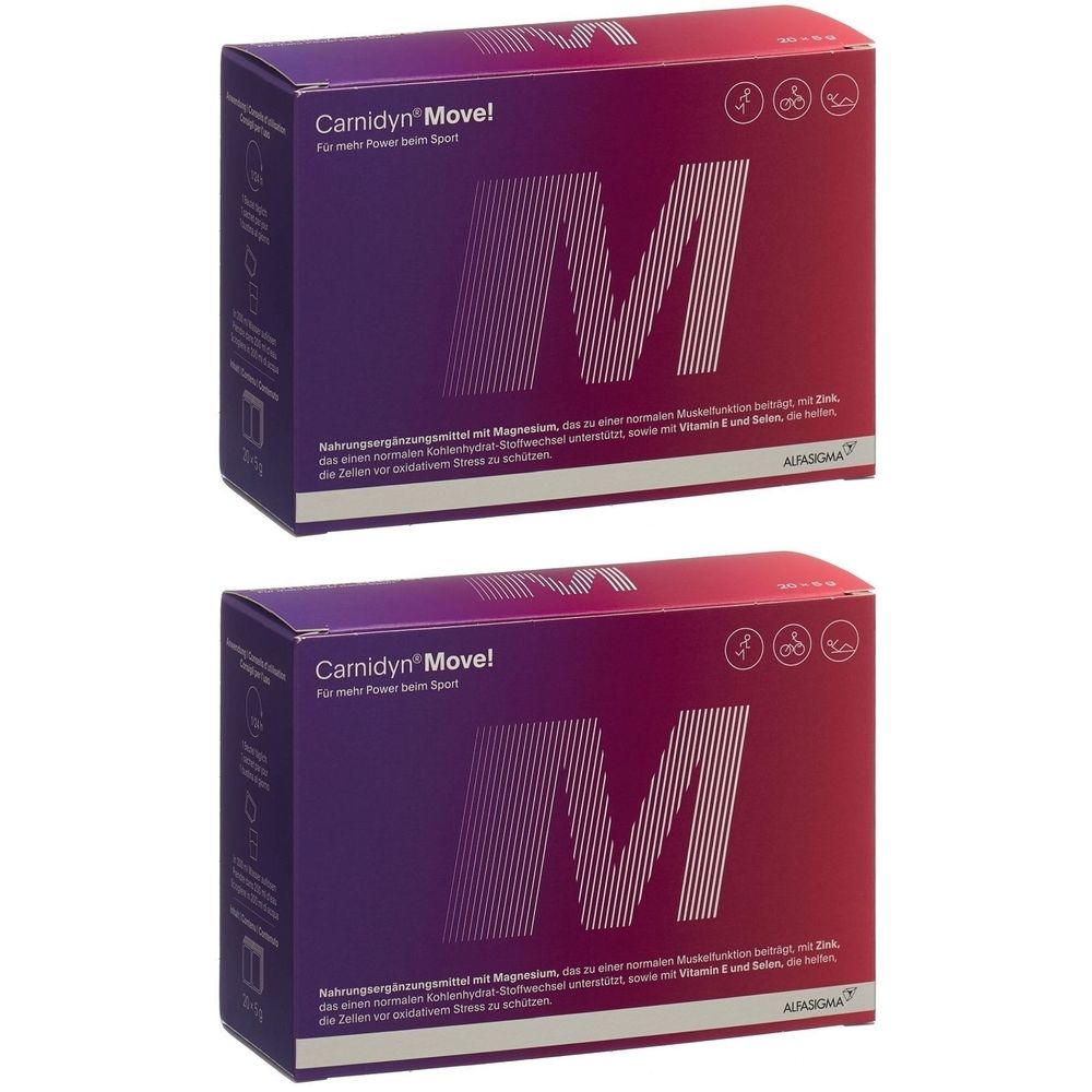 Zwei Packungen Carnidyn Move! mit lila-rotem Farbverlauf. Großes weißes "M" auf der Vorderseite. Text und Logos.