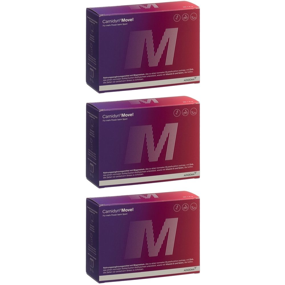 Drei Schachteln CARNIDYN Move! mit großem, weißem "M" auf Farbverlauf von Lila nach Rot. Oben links steht der Produktname.