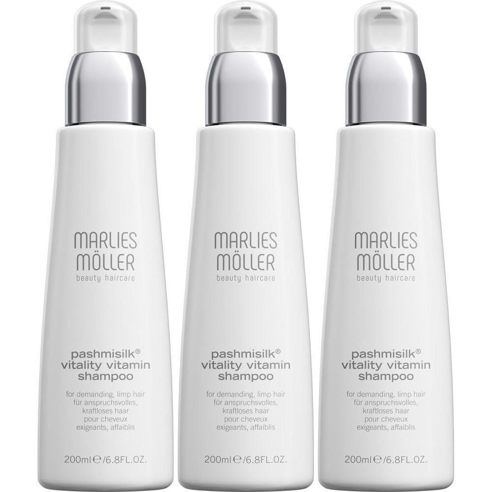 Trois flacons blancs de shampooing Marlies Möller. Inscription: Pashmisilk Vitality Vitamin Shampoo. 200ml/6.8FL.OZ.