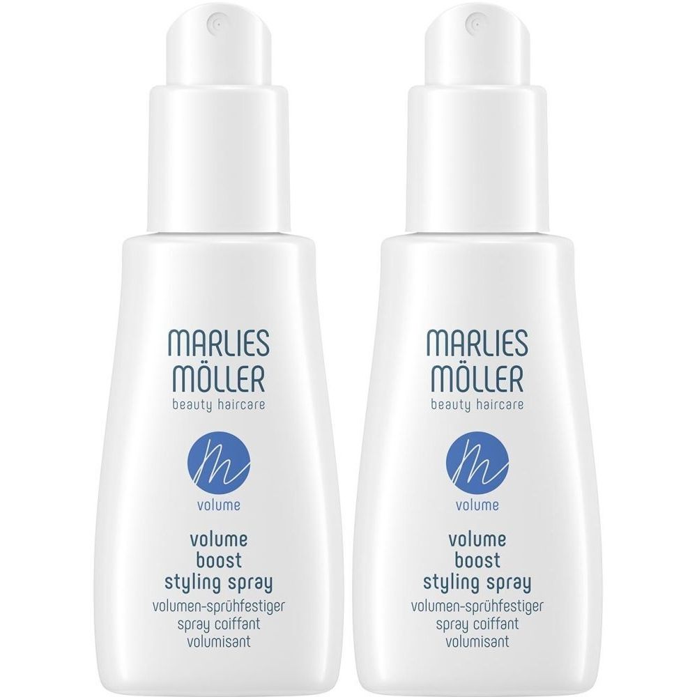 Zwei weiße Sprühflaschen. Aufschrift: Marlies Möller beauty haircare, Volume Boost Styling Spray. Volumen-Sprühfestiger.