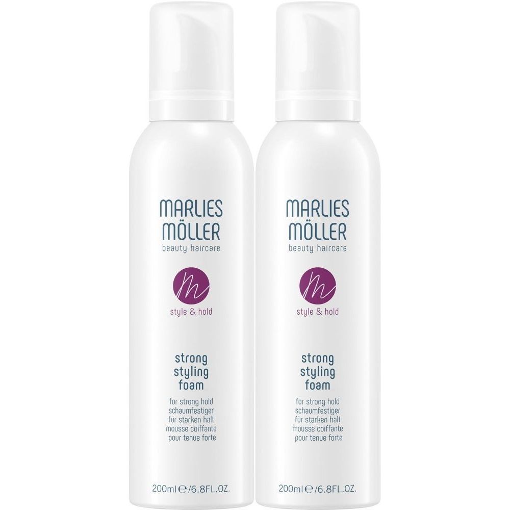 Zwei weiße Flaschen mit Sprühkopf. Aufschrift: Marlies Möller, beauty haircare, Style & Hold, Strong Styling Foam. 200ml.
