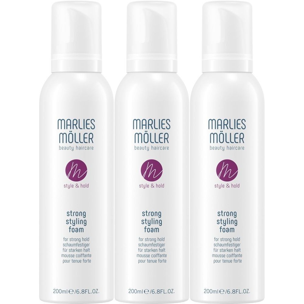 Drei weiße Flaschen mit Sprühkopf. Aufschrift: MARLIES MÖLLER beauty haircare, Style & Hold, Strong Styling Foam. 200ml/6.8FL.OZ.