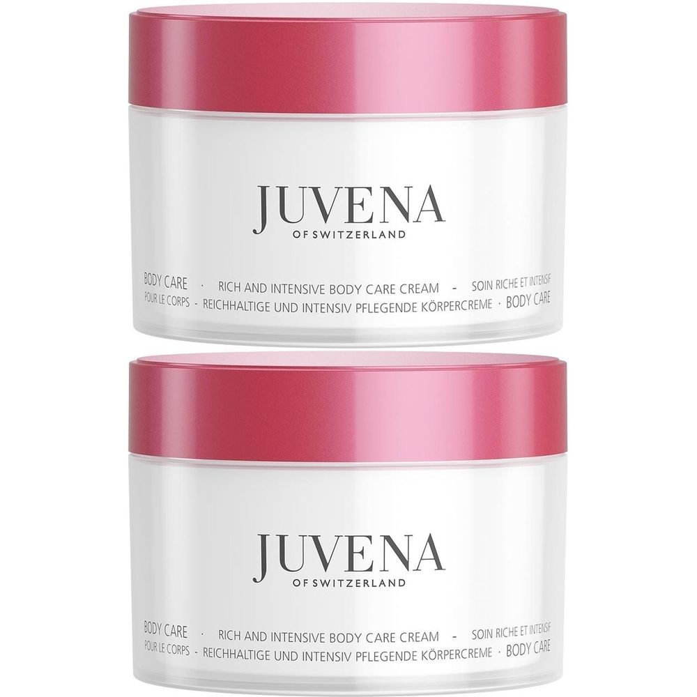 Deux pots blancs avec couvercles roses. Inscription: Juvena of Switzerland. Texte: Rich and Intensive Body Care Cream.
