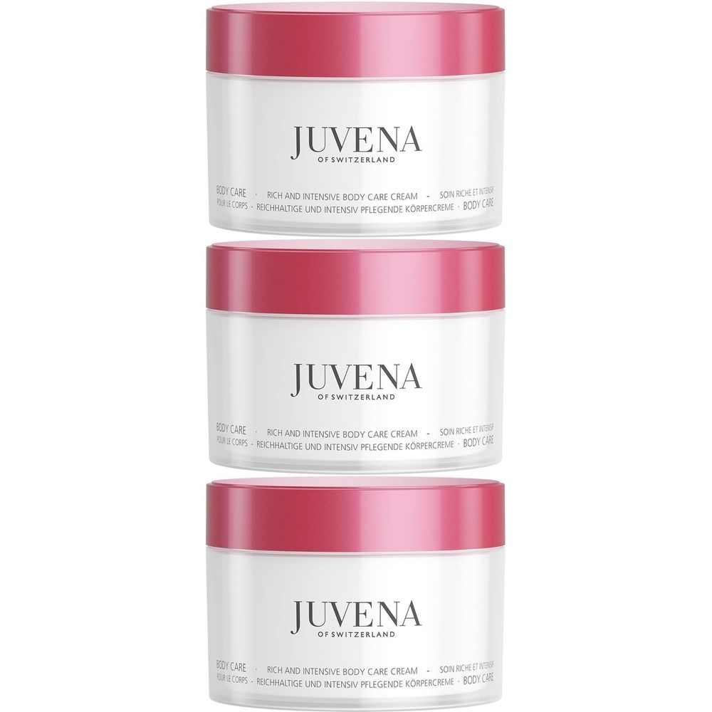 Trois pots de crème avec couvercles roses. Inscription : JUVENA OF SWITZERLAND. Texte : RICH AND INTENSIVE BODY CARE CREAM.