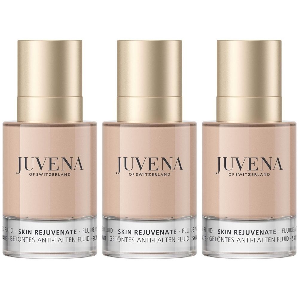 Drei Flakons mit beigem Inhalt und goldenen Deckeln. Auf den Flakons steht "JUVENA OF SWITZERLAND" und "SKIN REJUVENATE FLUID".