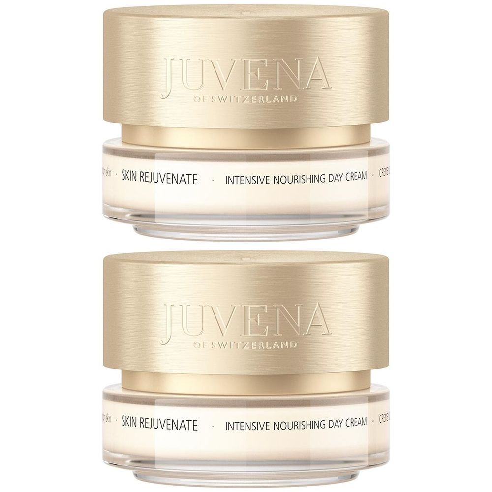 Deux pots de crème avec couvercles dorés. Inscription: JUVENA of Switzerland, Skin Rejuvenate, Intensive Nourishing Day Cream.