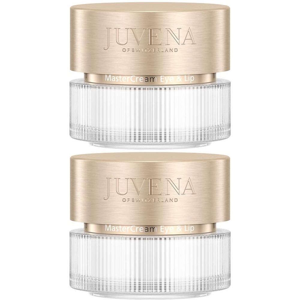 Deux pots de crème avec couvercles dorés. Inscription: JUVENA OF SWITZERLAND, MasterCream Eye & Lip. Corps en verre cannelé.
