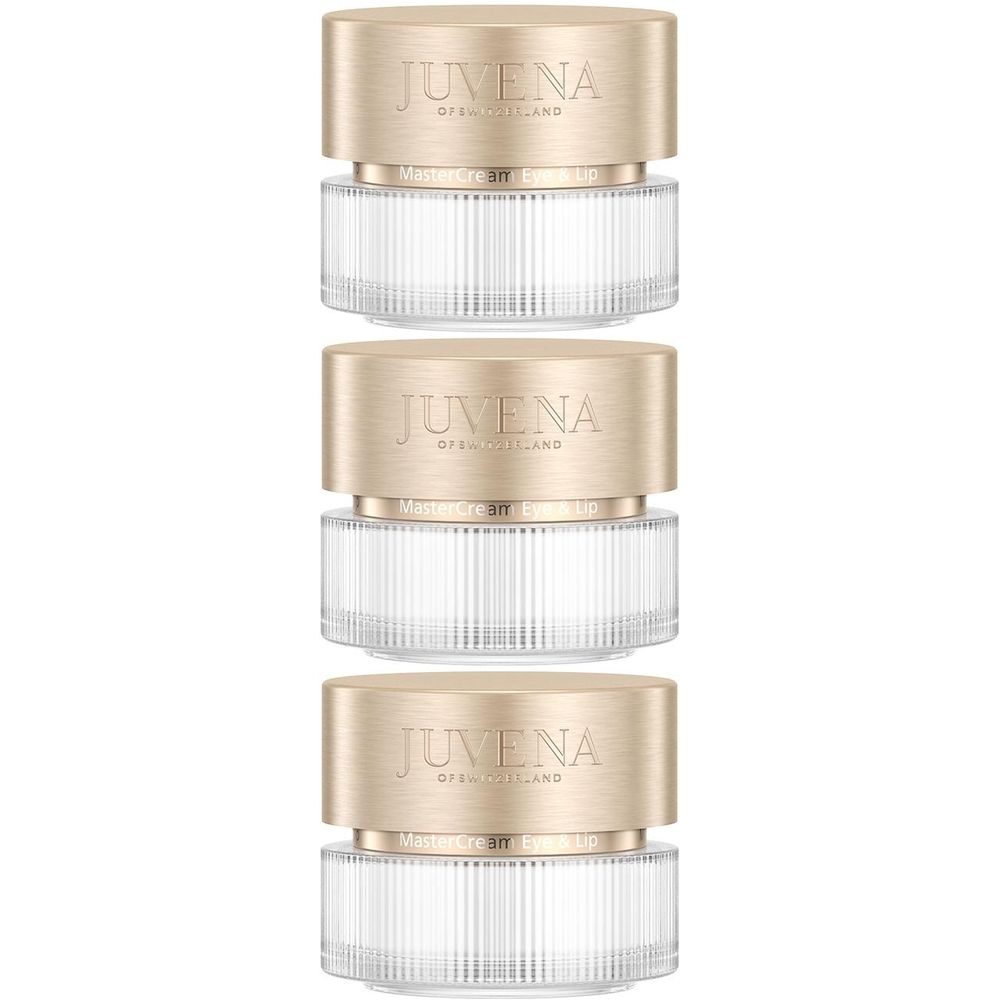 Trois pots de crème avec des couvercles dorés. "JUVENA OF SWITZERLAND" est écrit sur les couvercles. Les pots sont en verre.