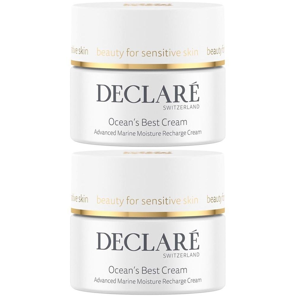 Deux pots de crème blancs avec des bordures dorées. Inscription : DECLARÉ, Ocean's Best Cream, Advanced Marine Moisture Recharge Cream. Texte : beauty for sensitive skin.