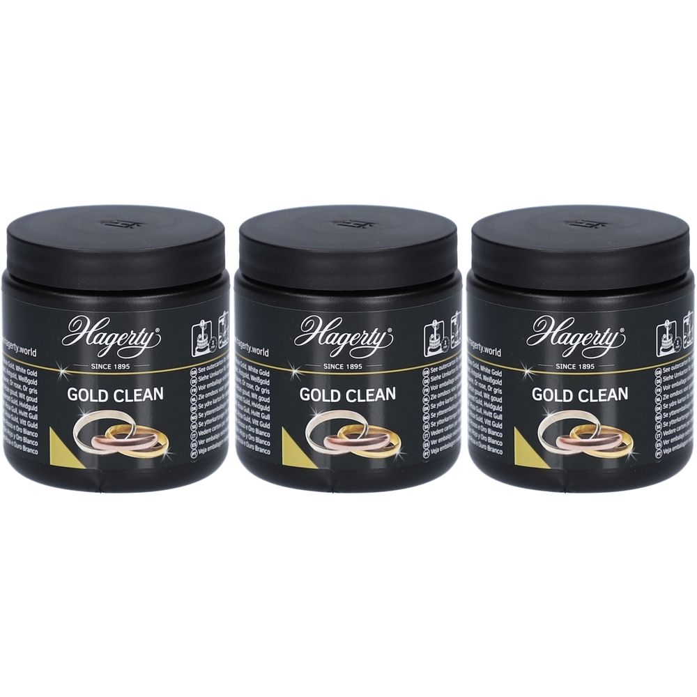 Trois pots noirs avec couvercles. Inscription: Hagerty Gold Clean. Illustration d'anneaux. Texte sur l'étiquette.