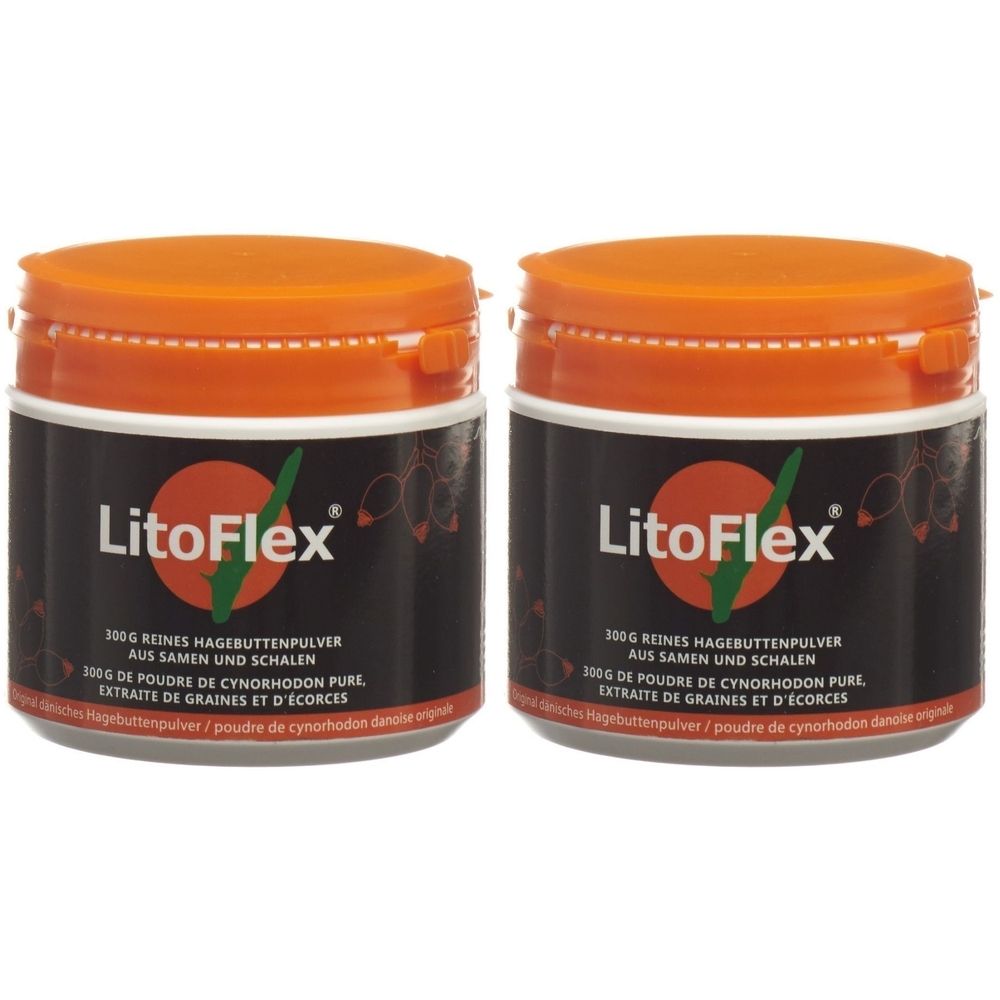 Zwei Dosen LITOFLEX, orange Deckel, schwarzer Behälter. Aufschrift: LITOFLEX, 300g reines Hagebuttenpulver. Grün-weißes Logo.