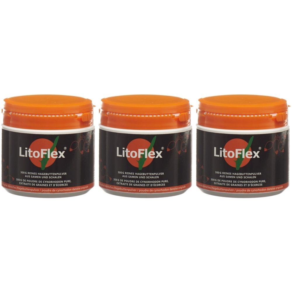 Drei Dosen LITOFLEX Hagenbuttenpulver. Orange Deckel, schwarze Etiketten mit weißer Schrift. Produktname und Logo deutlich sichtbar.