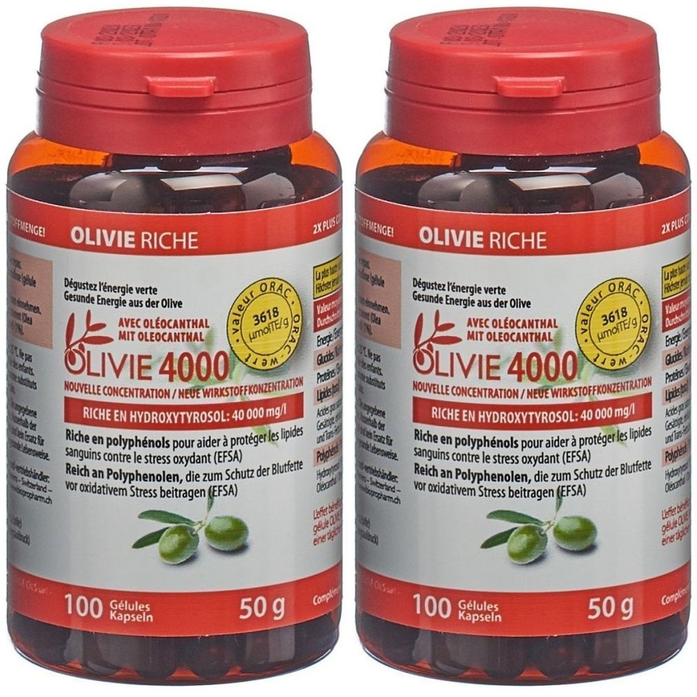 Zwei Flaschen OLIVIE RICHE 4000 Kapseln. Rote Deckel, braune Behälter. Aufschrift: OLIVIE, 100 Kapseln, 50g. Mit Oliven-Logo.