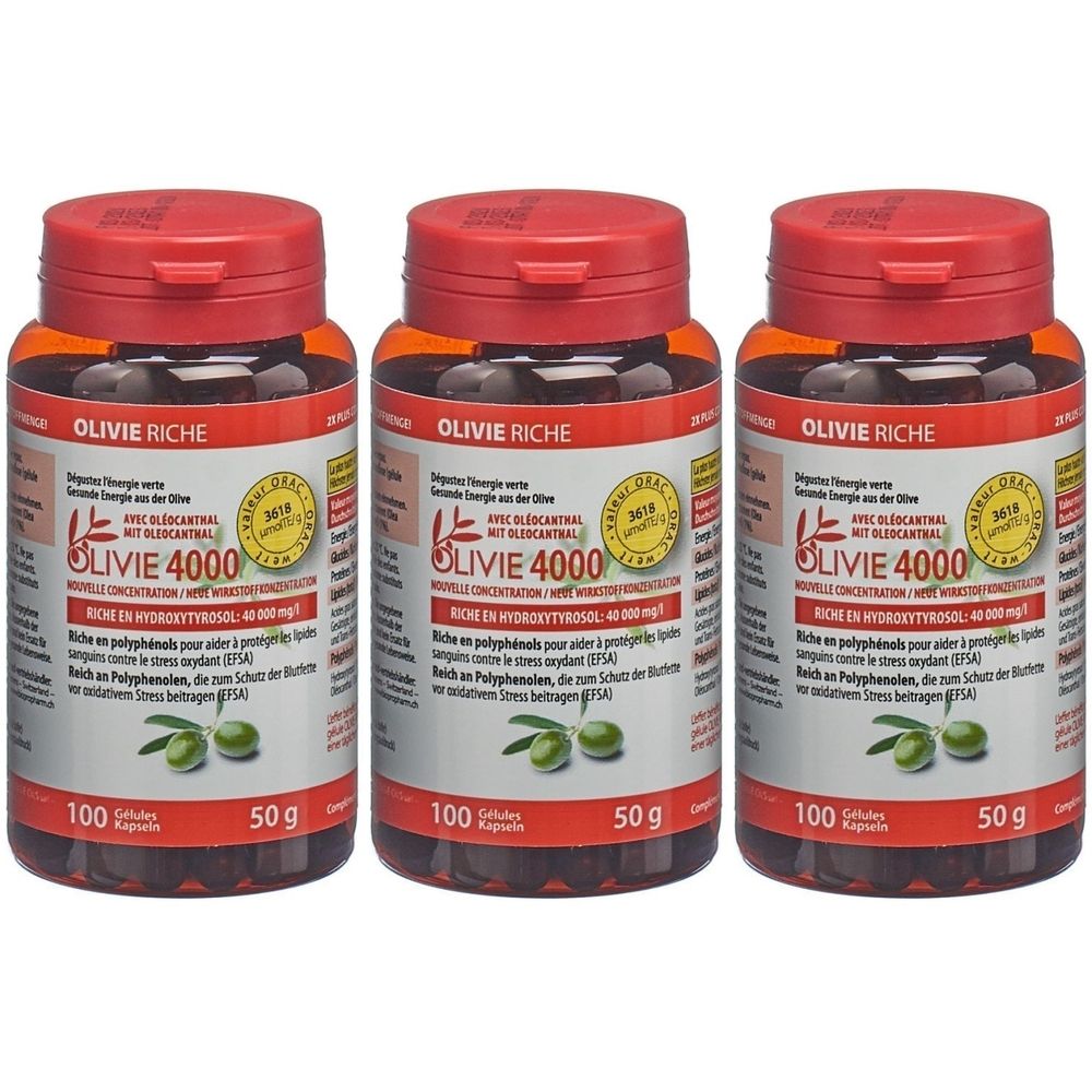 Drei Flaschen OLIVIE RICHE 4000. Braune Flaschen mit rotem Deckel. Aufschrift: 100 Kapseln, 50 g. Mit Oliven-Logo und Text.