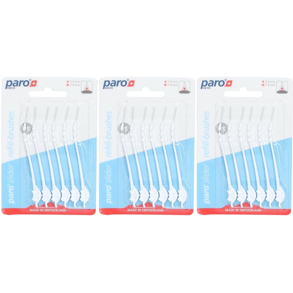 Drei Packungen mit weißen paro slider refill-brushes. Jede Packung enthält 6 Bürsten. Aufschrift: Made in Switzerland.
