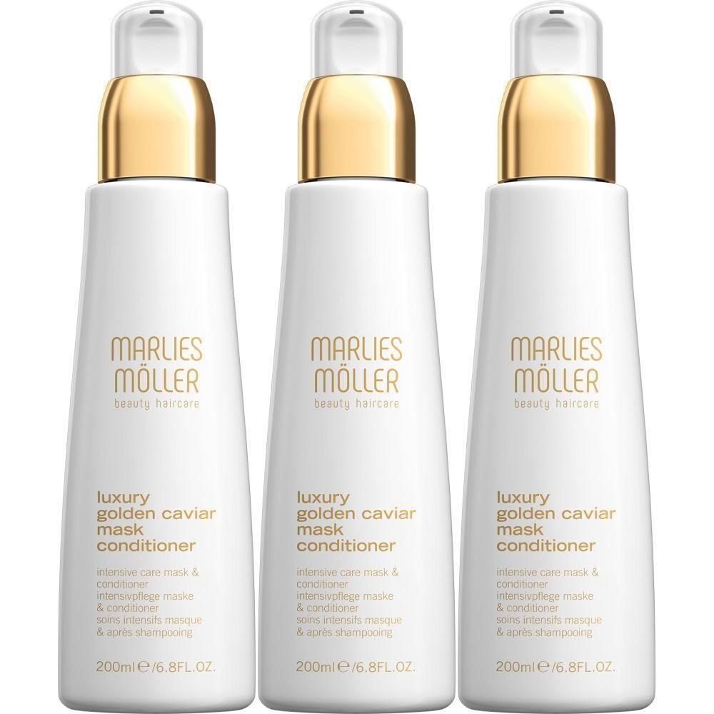 Trois flacons blancs avec bouchons dorés. Inscription: Marlies Möller, Luxury Golden Caviar Mask Conditioner.
