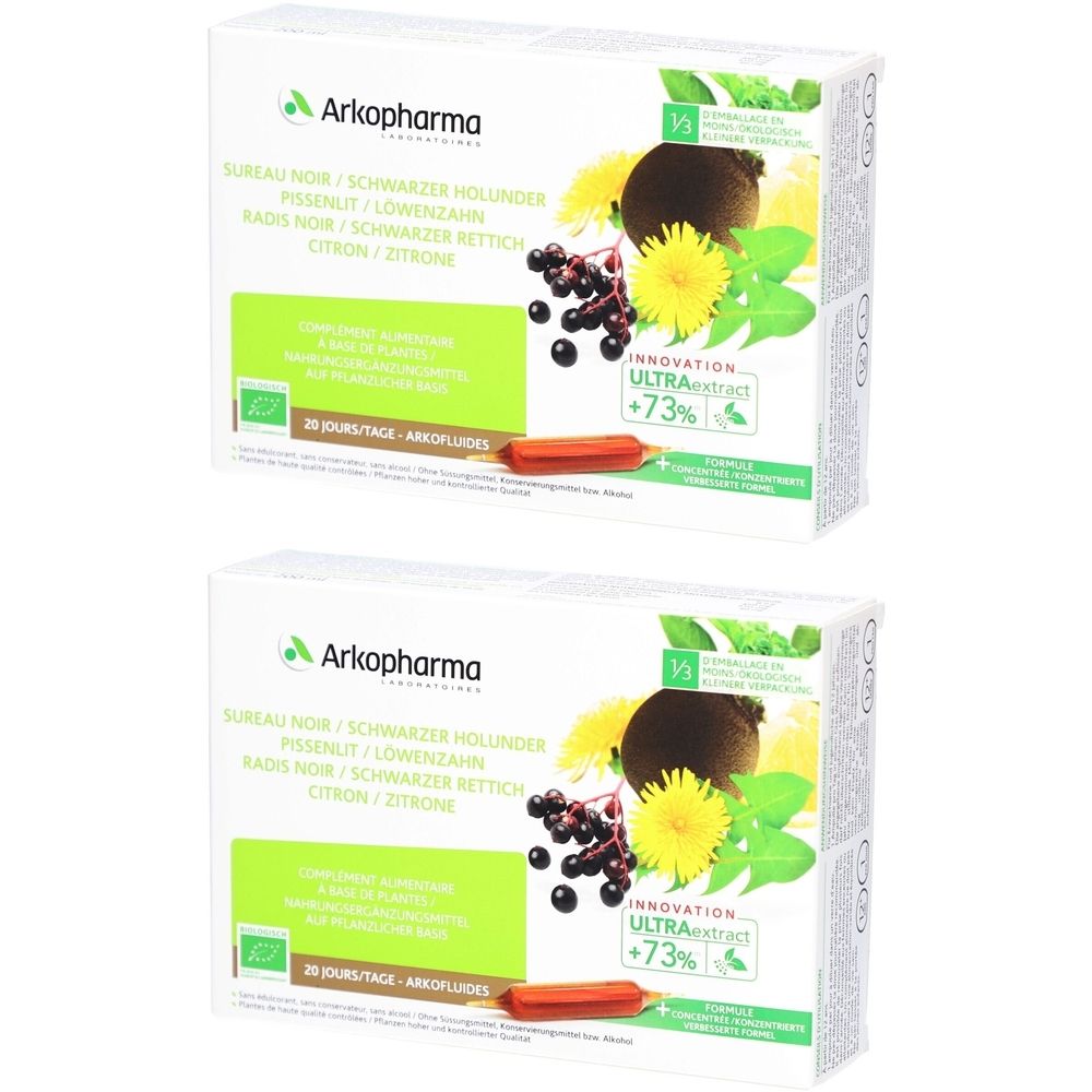 Zwei Kartons mit Produkt von Arkopharma. Aufschrift: Holunder, Löwenzahn, Rettich, Zitrone. Grün-weiße Verpackung mit Illustrationen.