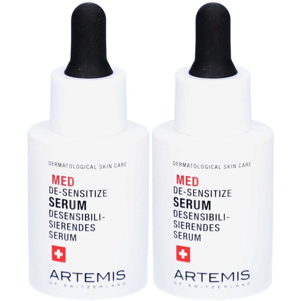 Deux flacons blancs avec pipettes noires. Inscription: MED DE-SENSITIZE SERUM, ARTEMIS. Symbole croix rouge.