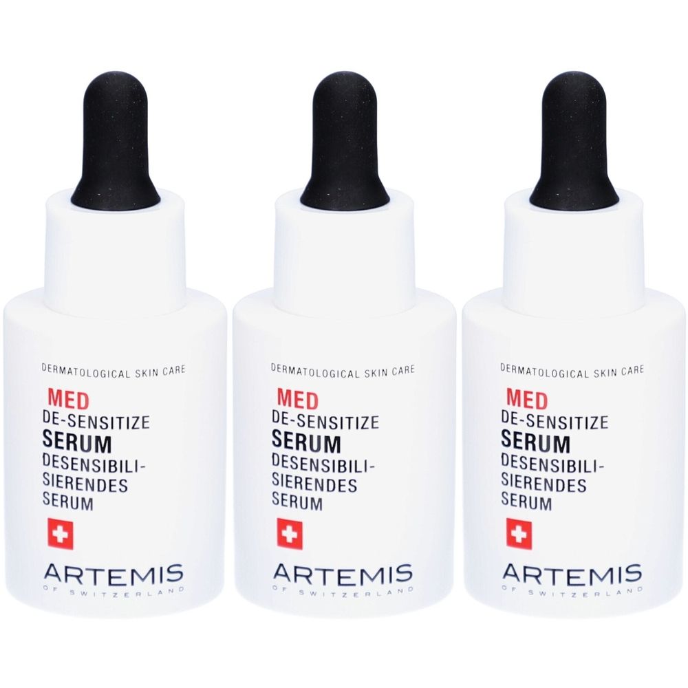 Trois flacons blancs avec pipette noire. Inscription: MED DE-SENSITIZE SERUM, croix rouge, ARTEMIS.