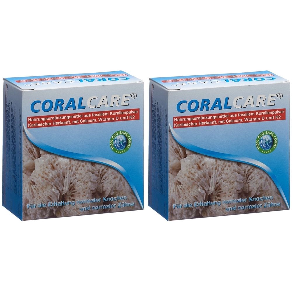 Deux boîtes "CORAL CARE". Inscription: Complément alimentaire, calcium, vitamine D et K2. Logo ECO SAFE. Emballage bleu et blanc.