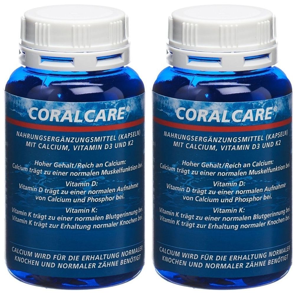 Deux flacons bleus avec bouchons blancs. Inscription: CORALCARE, complément alimentaire avec calcium, vitamine D3 et K2. Texte sur calcium, vitamine D et K.