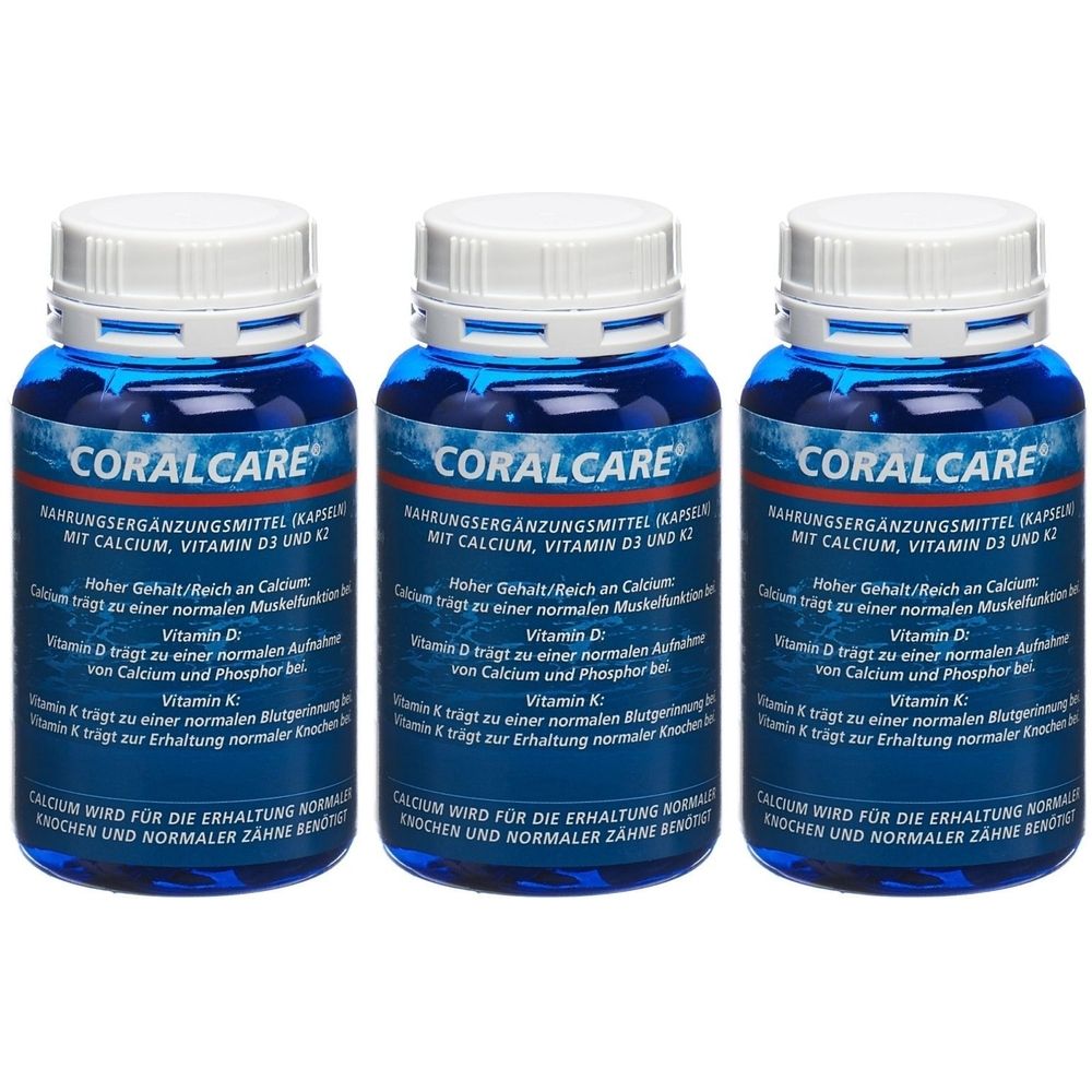 Trois flacons bleus avec des bouchons blancs. Chaque flacon porte l'inscription «CORALCARE» et des informations sur le produit. Complément alimentaire.
