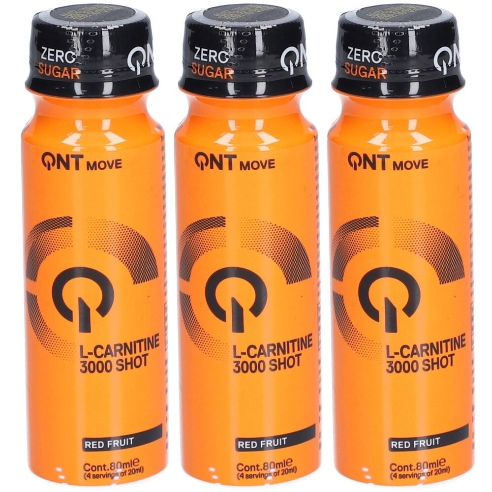Drei orangefarbene Flaschen mit schwarzem Deckel. Aufschrift: QNT MOVE, L-Carnitine 3000 Shot, Red Fruit. Schwarzer Schriftzug auf orangefarbenem Hintergrund.