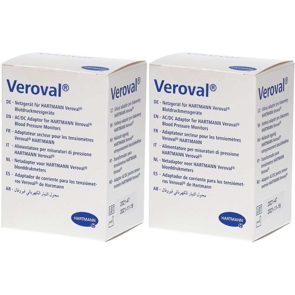 Deux boîtes blanches avec le mot "Veroval". Texte multilingue, dont allemand, anglais, français, italien, néerlandais et espagnol. Marque Hartmann.