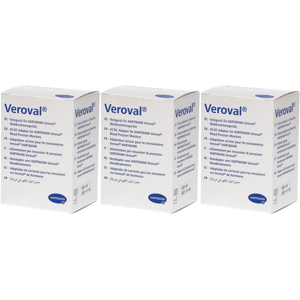 Trois boîtes blanches "Veroval". Texte multilingue. Logo Hartmann en bas.