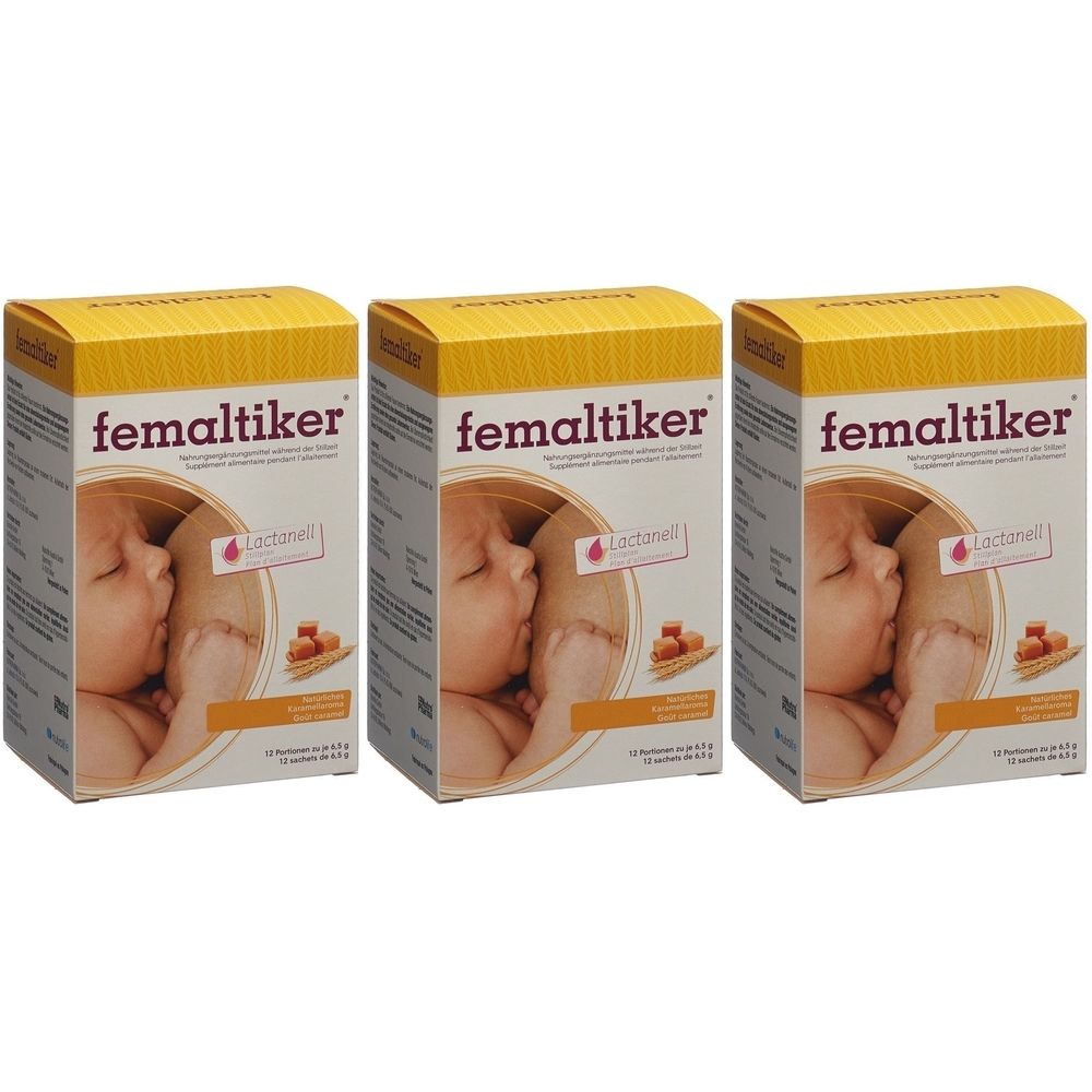 Trois boîtes FEMALTIKER®. Chaque boîte montre un bébé buvant au sein. Inscription : FEMALTIKER®, Lactosell.
