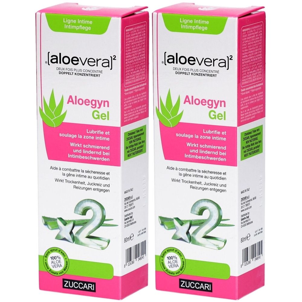 Deux boîtes de produit. Inscription: Aloegyn Gel, [aloevera]², Zuccari. Couleurs vert et rose.