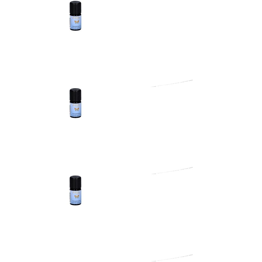 Plusieurs petites bouteilles à bouchon noir. Étiquettes bleues avec texte blanc et un papillon.