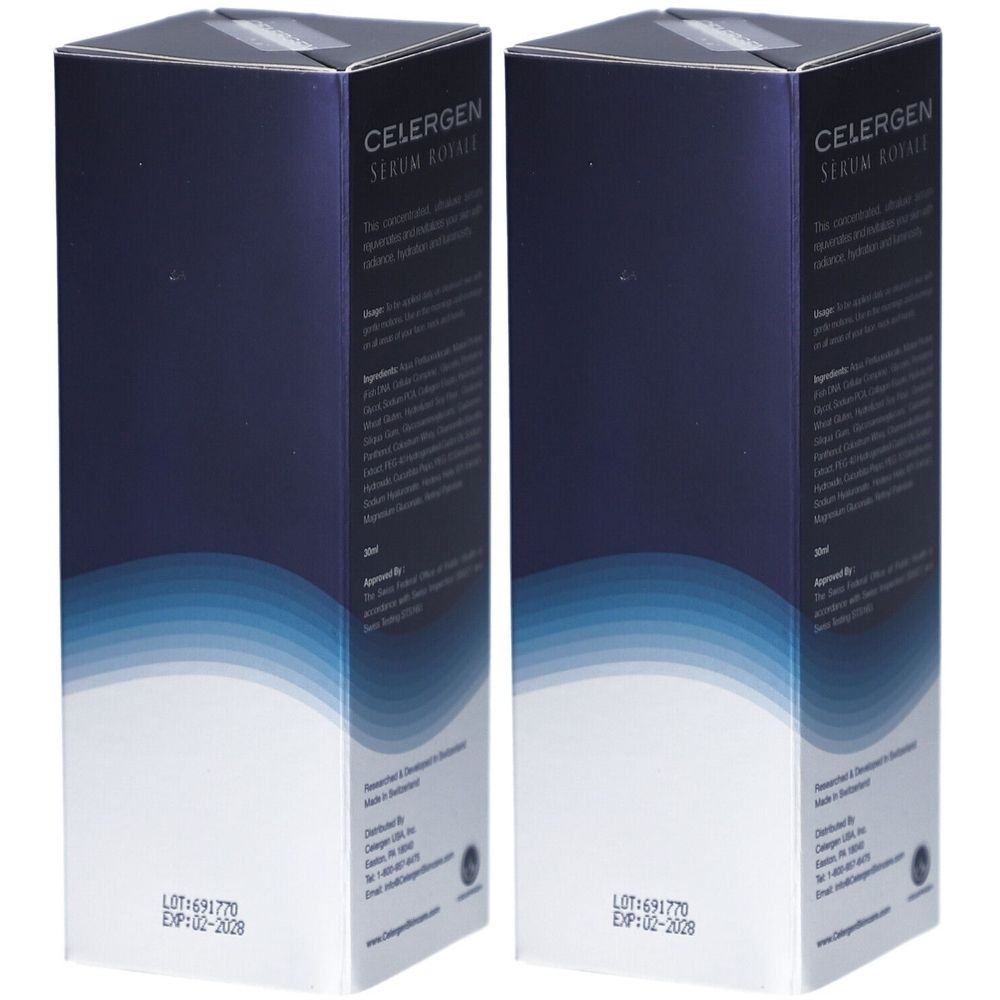 Zwei rechteckige Schachteln. Aufschrift: Celergen Serum Royale. Blaue und weiße Farbverläufe. Text auf den Seiten.