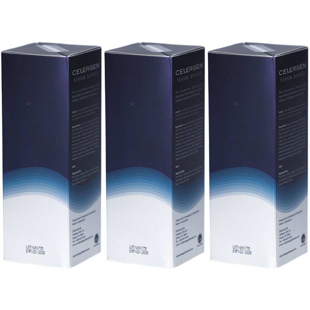 Drei rechteckige Schachteln. Aufschrift CELERGEN Serum Royale. Blaue und weiße Farbverläufe. Text auf den Seiten. Haltbarkeitsdatum.