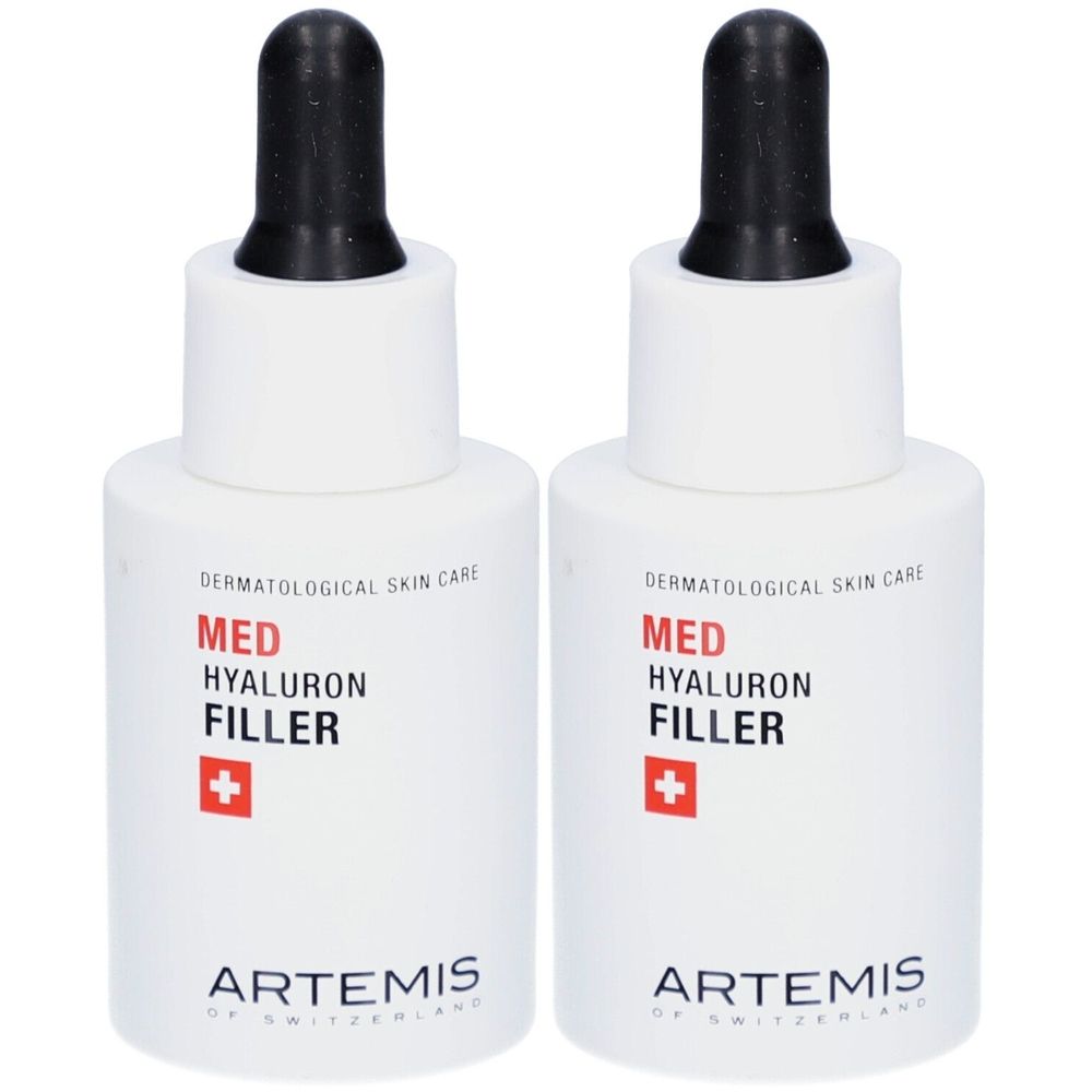 Deux flacons blancs avec compte-gouttes noirs. Inscription: MED Hyaluron Filler, croix rouge. Marque: ARTEMIS.